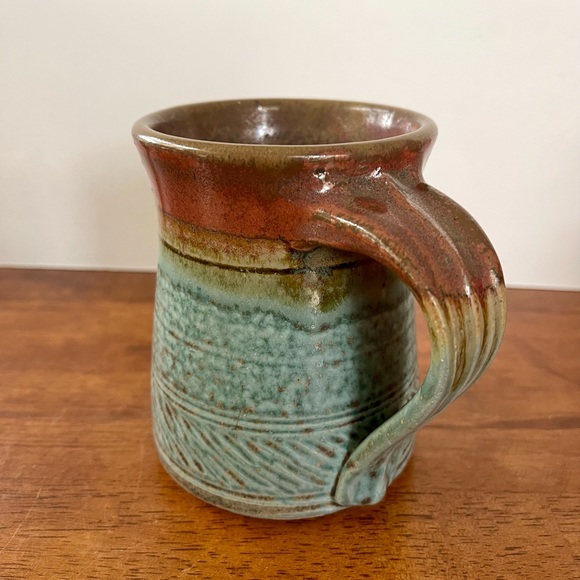 Pottery Mug 16oz Turquoise and Brown/ Signed By Artist 4 1/2” Tall - Picture 5 of 10